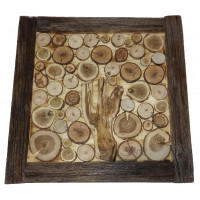 Tablou rustic handmade din rondele de lemn cu rama arsa si lacuita – 60x60 cm