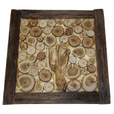 Tablou rustic handmade din rondele de lemn cu rama arsa si lacuita – 60x60 cm