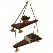Suspended shelf, with 2 wooden shelves and jute cord
