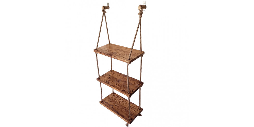 Raft suspendat din lemn de pin ars si sfoara, 3 polite handmade – rustic & decorativ