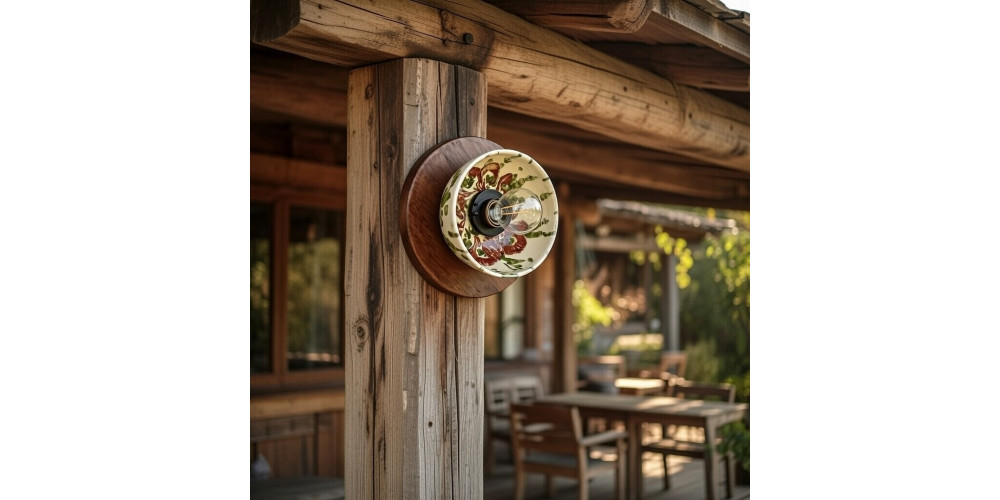 Aplica de perete - plafoniera rustica din ceramica si lemn de pin
