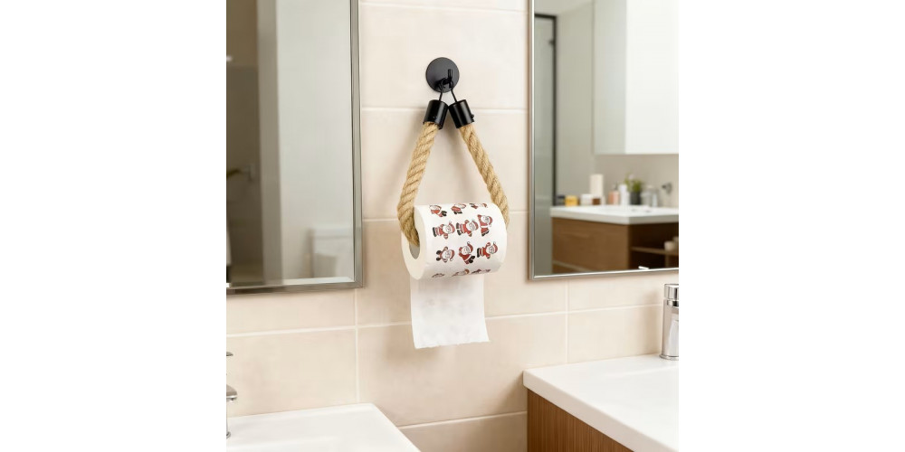 Suport Rustic din Franghie pentru Hartie Igienica sau Prosop, Prindere pe Perete, Negru Mat