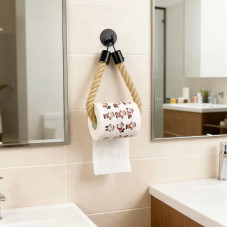 Suport Rustic din Franghie pentru Hartie Igienica sau Prosop, Prindere pe Perete, Negru Mat