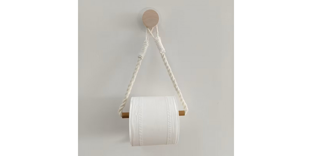 Suport Boho din Franghie Alba si Lemn Natural pentru Hartie Igienica sau Prosop