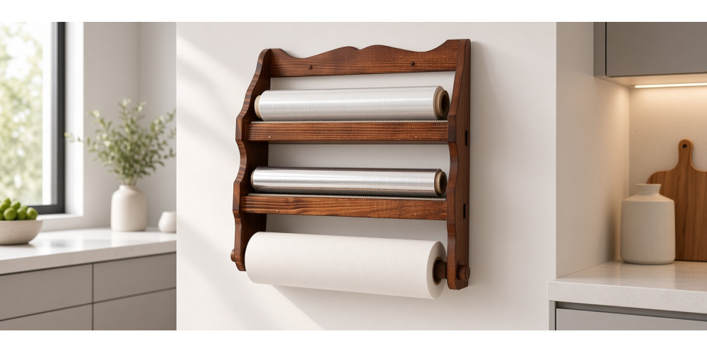Suport Multifunctional din Lemn Ars si Lacuit pentru Folie si Prosoape, Nuanta Stejar Inchis, 37x33 cm