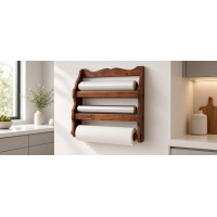 Suport Multifunctional din Lemn Ars si Lacuit pentru Folie si Prosoape, Nuanta Stejar Inchis, 37x33 cm Suport Multifunctional din Lemn Ars si Lacuit pentru Folie si Prosoape, Nuanta Stejar Inchis, 37x33 cm