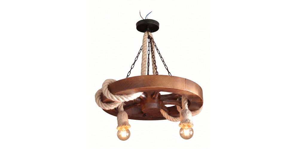 Lustra Rustica Roata de Lemn si Sfoara Vintage, 2 Surse de Iluminat E27, Diametru 40 cm