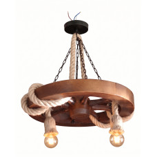 Lustra Rustica Roata de Lemn si Sfoara Vintage, 2 Surse de Iluminat E27, Diametru 40 cm