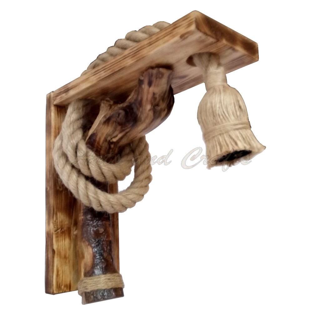 Aplica de perete rustica - din lemn masiv si franghie groasa de iuta, realizata manual, cod aac0115