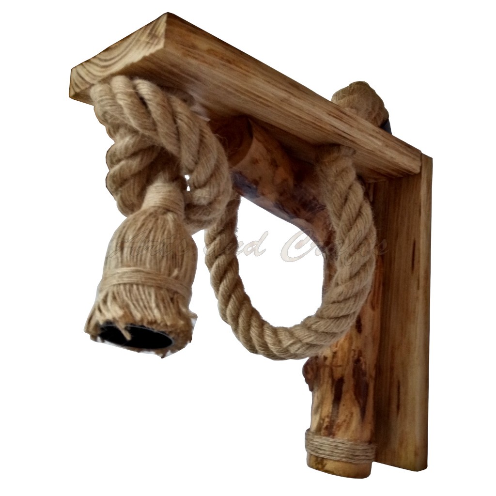 Aplica de perete rustica - din lemn masiv si franghie groasa de iuta, realizata manual, cod aac0116