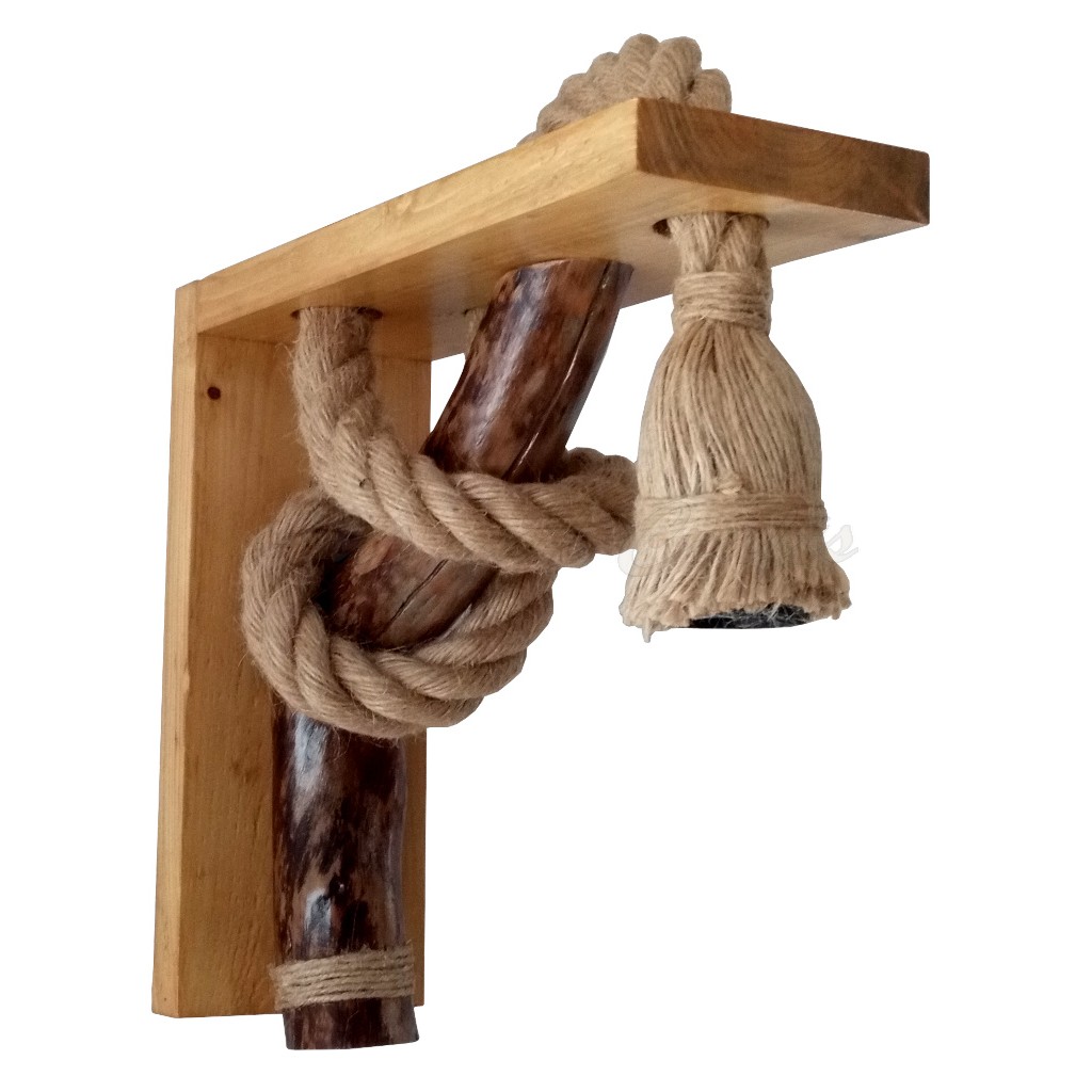 Aplica de perete rustica - din lemn masiv si franghie groasa de iuta, realizata manual, cod aac0261