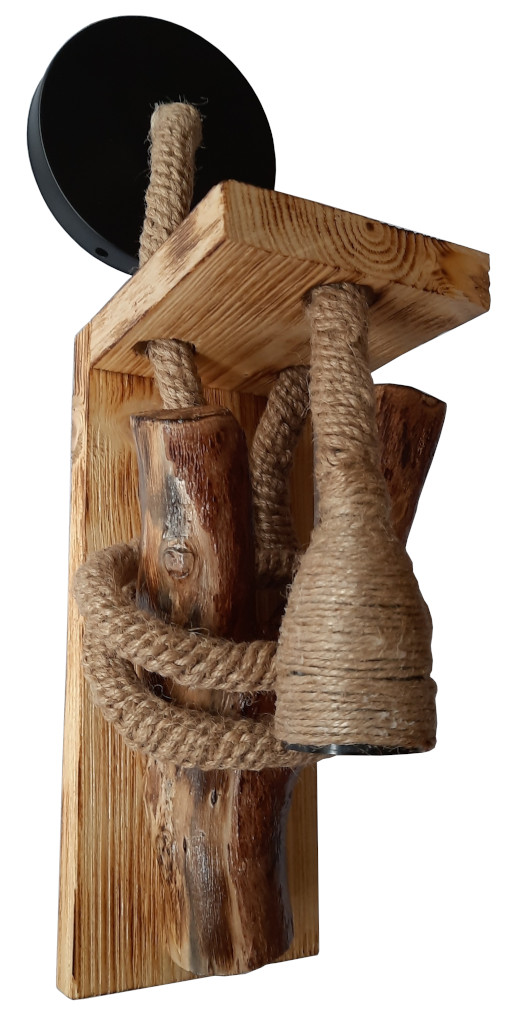 Aplica de perete rustica - din lemn masiv si franghie groasa de iuta, realizata manual, cod aac0279