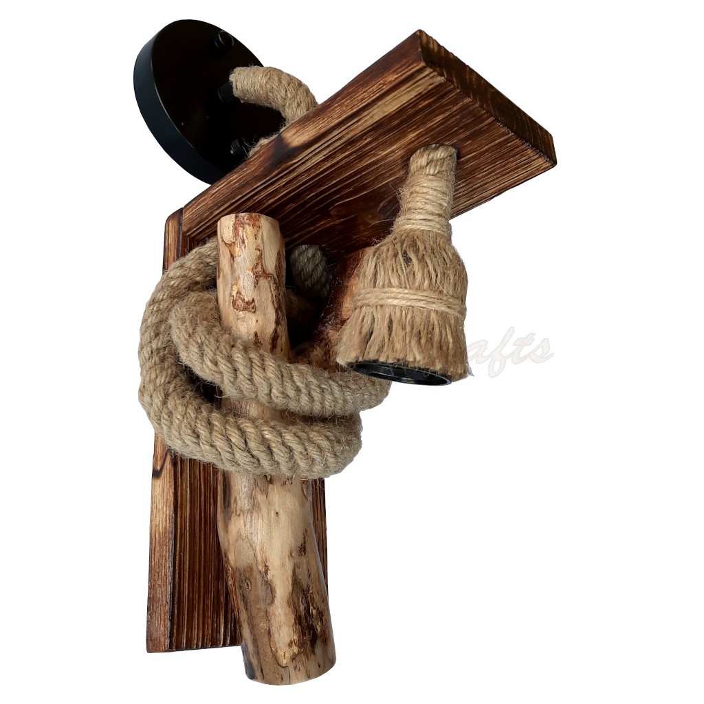 Aplica de perete rustica - din lemn masiv si franghie groasa de iuta, realizata manual, cod aac0286
