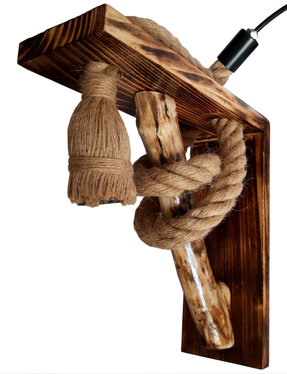 Aplica de perete rustica - din lemn masiv si franghie groasa de iuta, realizata manual, cod aac0353