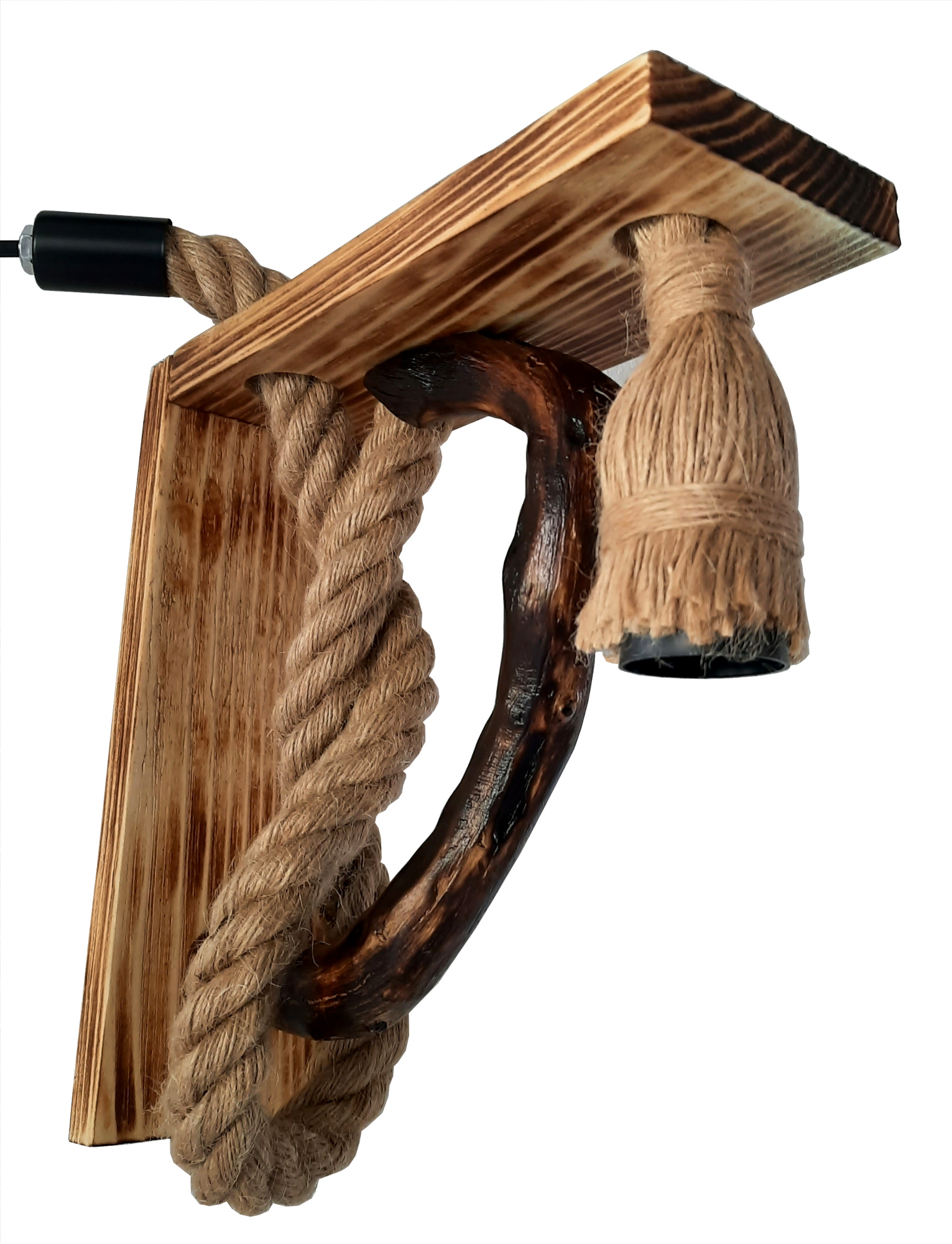 Aplica de perete rustica - din lemn masiv si franghie groasa de iuta, realizata manual, cod aac0359