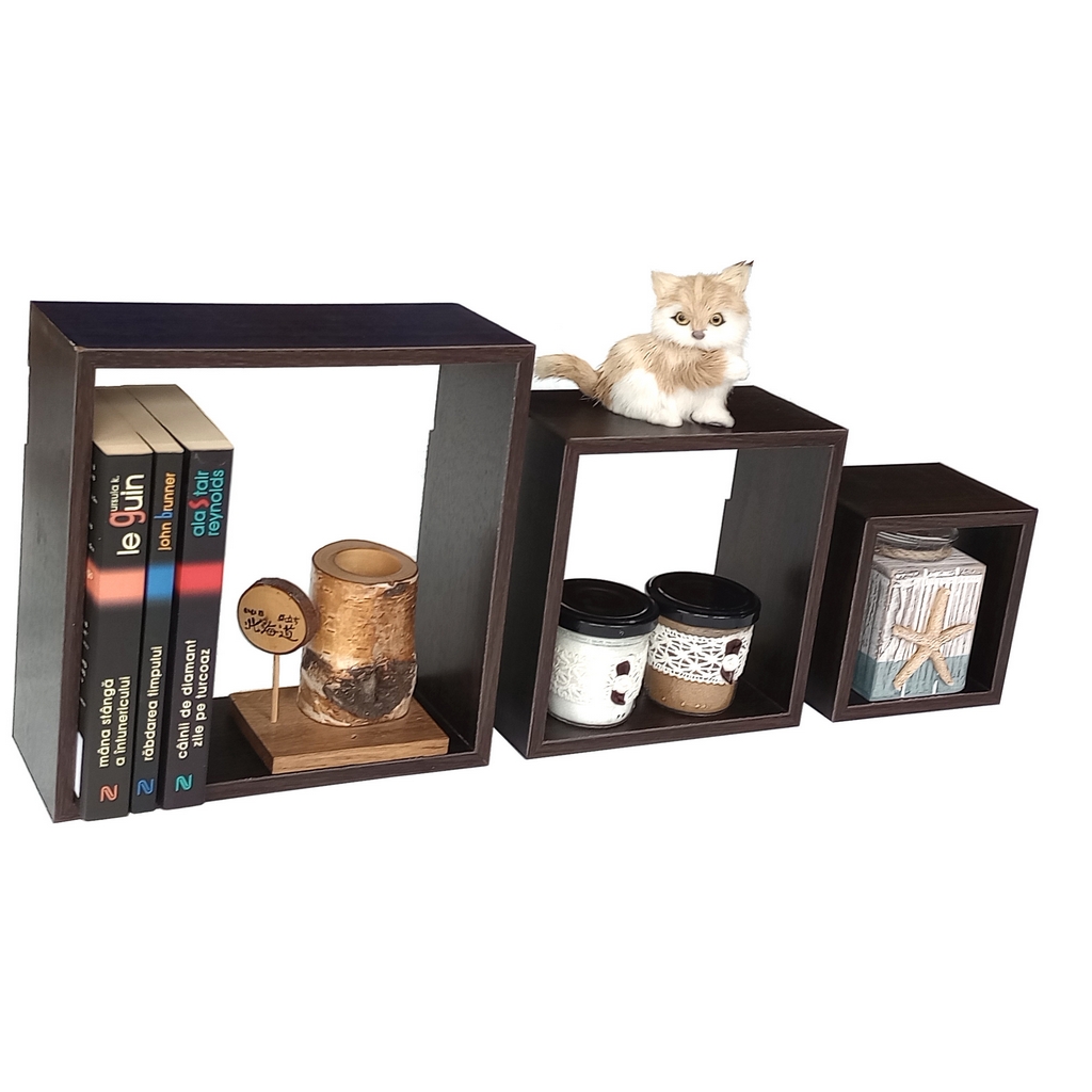 Rafturi MDF maro cu sistem de fixare ascuns - 3 buc