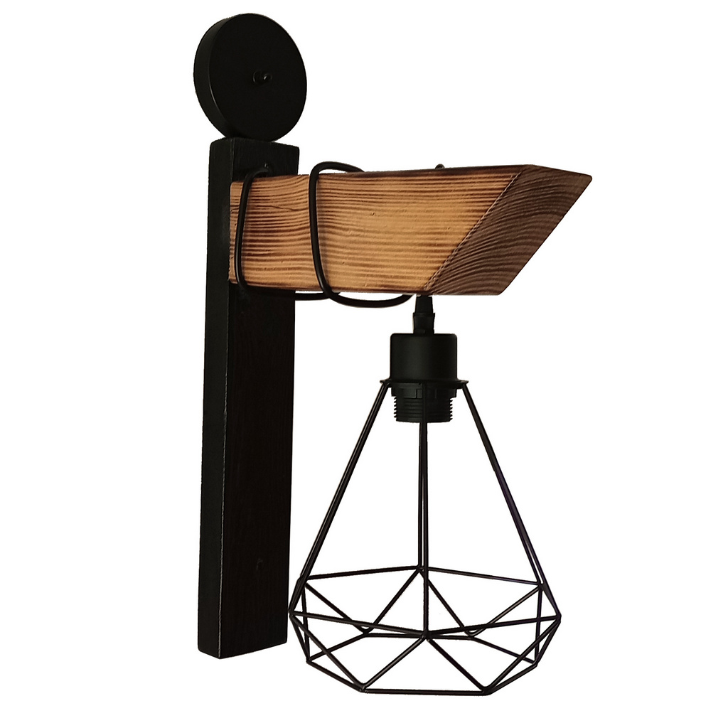 Aplica de perete din lemn de pin si metal, handmade, stil rustic–industrial