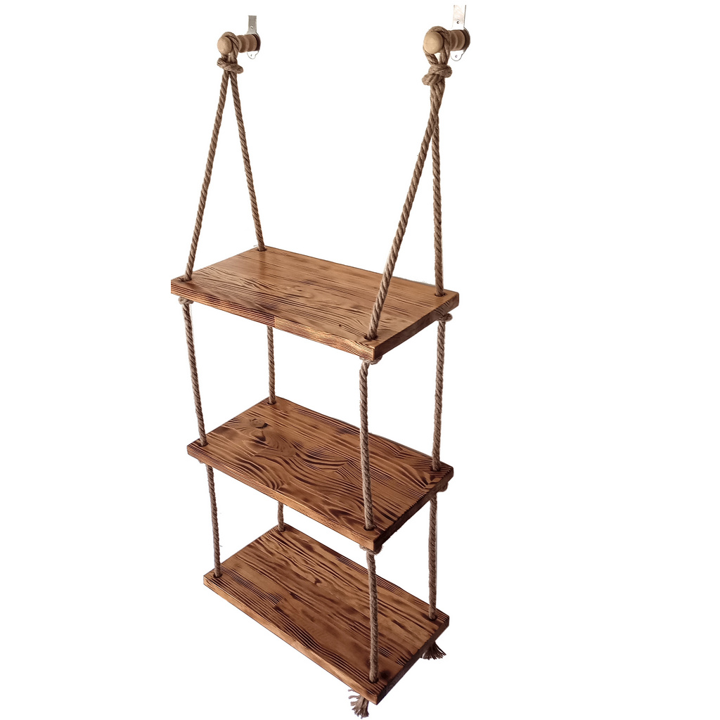 Raft suspendat din lemn de pin ars si sfoara, 3 polite handmade – rustic & decorativ